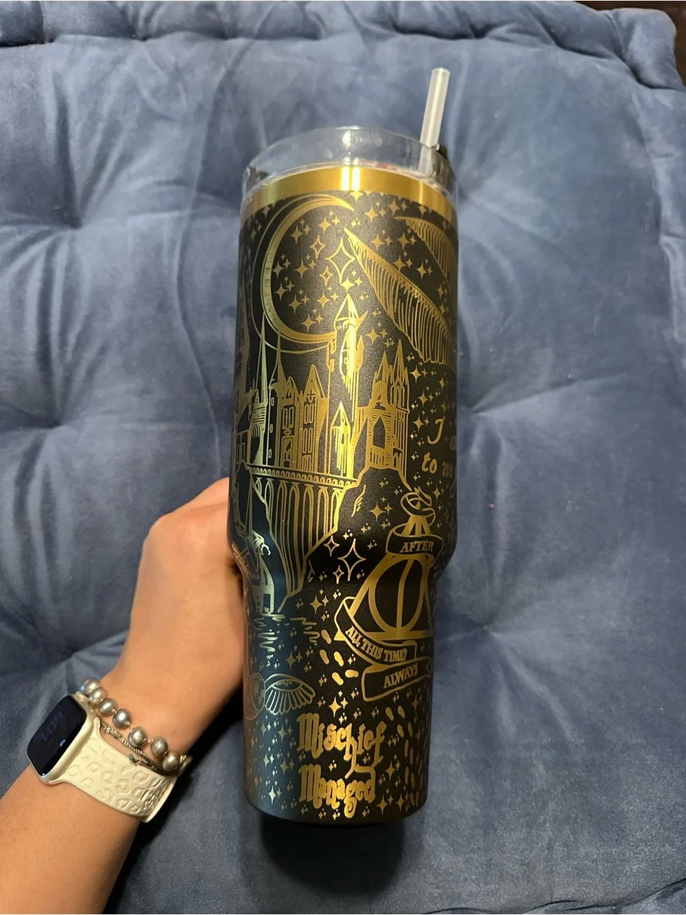 Gold and Black Harry Potter Illustrated Travel Tumbler with Handle - Home Dining